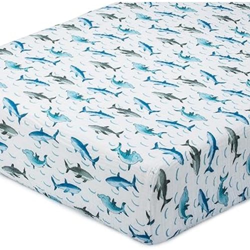 LollyBanks Fitted Crib Sheets for Boys, Soft 100% Cotton Baby Boy Sheet, Fits Standard Size Mattress 28 in x 52 in, Breathable Muslin Crib Sheet 1 Pack (Sharks Print)