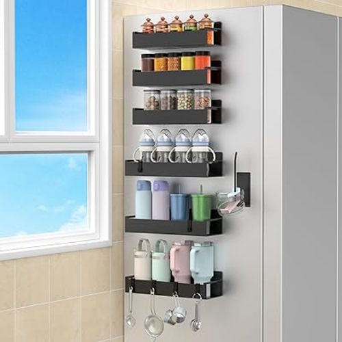 Magnetic Water Bottle Holder for Refrigerator, Cup Holder Organizer for Stanley and Tumbler for Kitchen, 6 Pack, Black