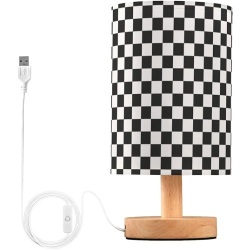 Bedside Lamp Black White Checkered Pattern Table Lamp for Bedroom LED Nightstand Lamp Shade USB Ports Wood Base for Living Room Dorm Office