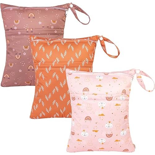 babygoal Wet Dry Bags for Baby Cloth Diapers, Washable Travel Bags, Beach, Pool, Gym Bag for Swimsuits & Wet Clothes with Two Zippered Pockets 3 Pack, 3LN15