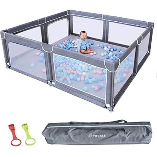 TODALE Durable Baby Playpen 70"x59" - Tear-Resistant Yard with Anti-Slip Suckers - Breathable Mesh Gate for Toddlers and Infants, Sleep & Activity - Grey - Playpen for Babies and Toddlers