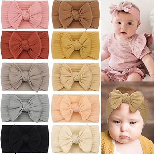 10 Colors Super Stretchy Soft Knot Baby Girl Headbands with Hair Bows Nylon Head Wrap For Newborn Baby Girls Infants Toddlers Kids