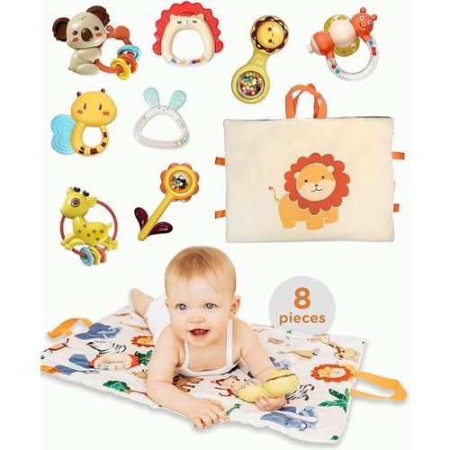 Move2Play, 8 Piece Baby Rattle and Tummy Time Mat Set | Rattle and Silicone Teething Toys | Baby Toys 3-6 Months | 3, 4, 5, 6 Month Old Must Have | Infant Gifts for Boys and Girls
