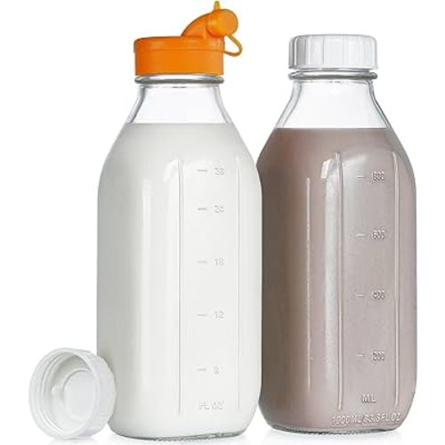 Dwbligt 32 oz Reusable Glass Milk Bottles with Silicone Dispenser Cap, 2 Pack Glass Jars with Airtight Screw Lid, Leak Proof Glass Juice Bottles with Scale Mark for Fridge