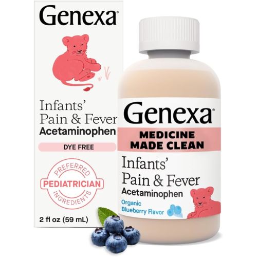 Genexa Infants' Clean Acetaminophen | Pediatrician Preferred Ingredients | Pain Reliever & Fever Reducer for Babies | Dye Free, 0% Artificial Additives | Delicious Organic Blueberry Flavor, 2 fl oz