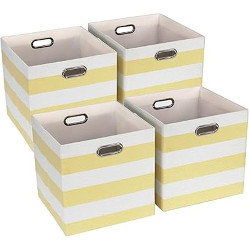11x11 Cube Storage Bins, Collapsible Fabric Cubby Organizer Bins Striped Container Baskets for Home Office Wardrobe Closet Shelf, Pack of 4, Yellow/White