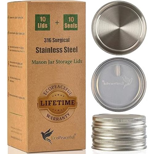 316 Surgical Stainless Steel Mason Jar Lids REGULAR Mouth - Rust-proof, Airtight, Leak-proof, BPA-Free, PVC-free, Vegan, Reusable - Not for Canning