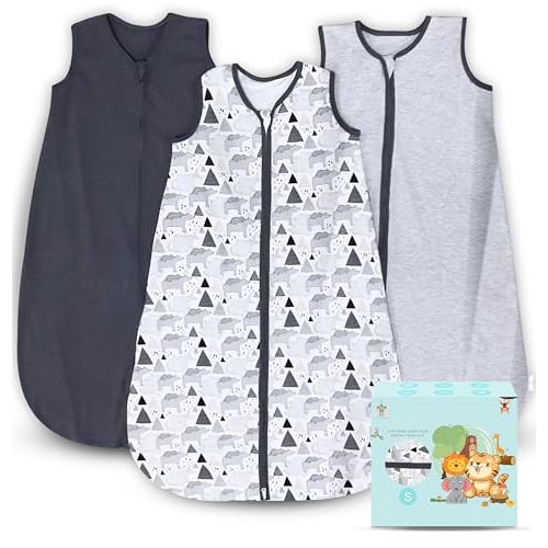 Cute Castle Baby Sleep Sack 0-6 Months - Lightweight 100% Cotton 2-Way Zipper TOG 0.5 Infant Wearable Blanket, Newborn Essentials Toddler Sleep Clothes, 3 Pack(Dark gray, Light gray, Bear)