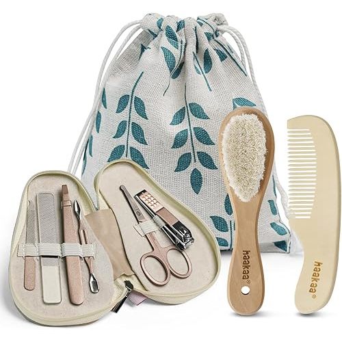 haakaa Baby Hair Brush and Comb Set & Pear-FECT Manicure Kit for Newborns & Toddlers, Natural Soft Goat Bristles and Wooden Handle, Baby Healthcare and Grooming Kit, Baby Nail Clippers, Pearl White