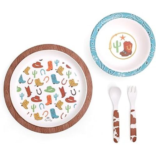 Itzy Ritzy Kids Dinnerware Set – Toddler Mealtime Dining Set for Ages 6+ Months with Melamine Plate, Bowl, Fork & Spoon - Dishwasher Safe Baby Feeding Set For Independent Eating (Western)