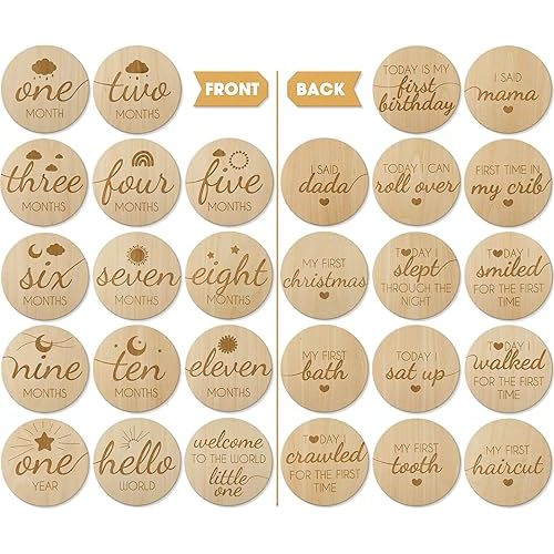 Baby Monthly Milestone Wooden Circles, Hello World Newborn Sign, Month Baby Milestone Signs for Newborn Photography Props, Set of 14 Baby Monthly Milestone Wood Discs Props for Baby Boy & Girl