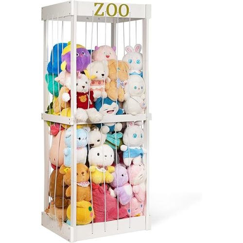 Trycooling Stuffed Animal Zoo Stuffed Animal Storage Wood Plushie Storage Stuffed Animals Zoo Storage Cage with Zoo Pattern Elastic Band for Nursery Play Room Bedroom (White)