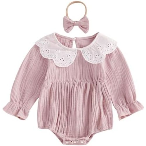 Baby Girl Vintage Bubble Romper Doll Collar Long Sleeve Playsuit with Headband Fall Spring Clothes