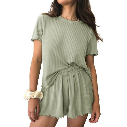 Ekouaer Womens Pajamas 2 Piece Ribbed Knit Pjs Short Sleeve Sleepwear Set Summer Soft Pajamas Set Casual Lounge Sets
