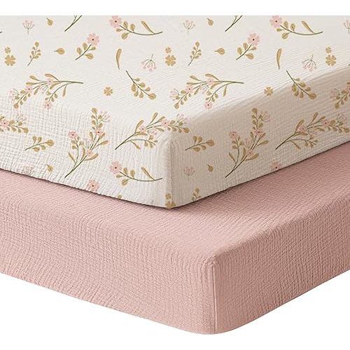 Konssy Muslin Mini Crib Sheets, 100% Soft Cotton Pack and Play Sheets for Pack N Play Mattress, Playard Baby Crib Sheets for Baby Girls (Floral, Pink)