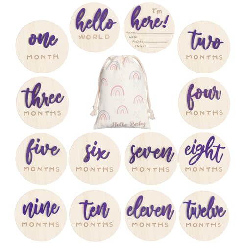 Burbell 3D Baby Monthly Milestone Card Signs Baby Announcement Sign 7 Pack Double Sided Hello World Newborn Signs Wooden Circles Discs for Welcome Newborn Shower Boy Girl Photo Props(Purple)
