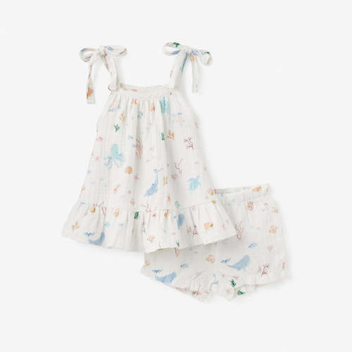 Ocean Adventure Organic Muslin Tie Top Set WHITE / 3-6M