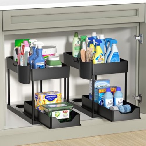 AMBLER 2 Pack Under Sink Organizer, 2 Tier Sliding Under Sink Storage with Hooks Bathroom & Kitchen