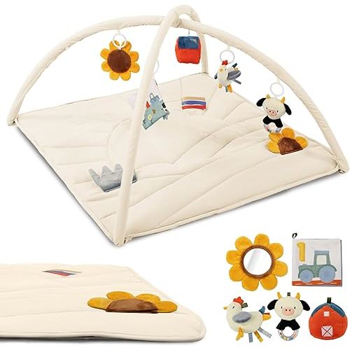 Beautiful Baby Play Gym and Tummy Time Mat - Soft Mat with 5 Farm Toys Creates The Perfect Activity Area for Your Girl/Boy - Stylish Infant Floor Playmat Fits Nicely with Any Playroom Decor