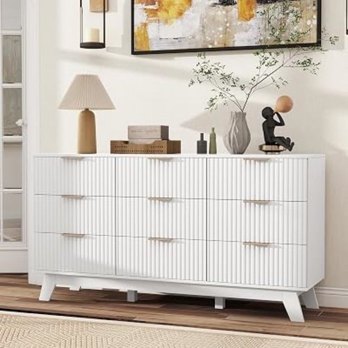 Nebuaegis Fluted 9 Drawer Dresser for Bedroom,57" Wide Modern Chest of Drawers with Metal Handles,Heavy Duty Wood TV Stand,Wood Closet Clothes Storage Organizer for Living Room,Hallway,Entryway