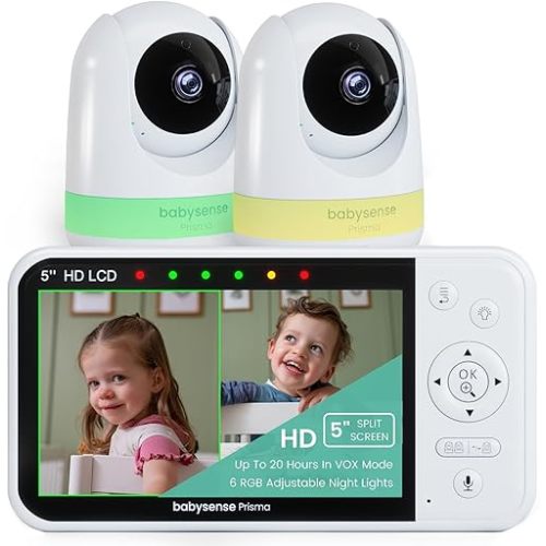 Babysense New Prisma Baby Monitor with Camera and Audio, 5” HD Video Baby Monitor with 2 Cameras, 6-Color Night Light, Split Screen, Baby Sound Machine with White Noise & Lullabies, Secure No WiFi