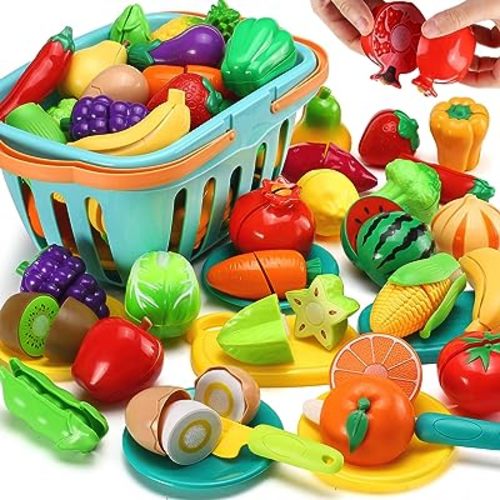70 PCS Cutting Play Food Toy for Kids Kitchen, Pretend Fruit &Vegetables Accessories with Shopping Storage Basket, Plastic Mini Dishes and Knife, Educational Toy for Toddler Children Birthday Gift