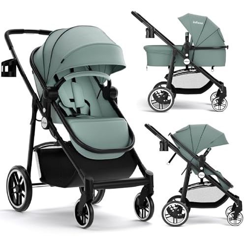 INFANS 2 in 1 Baby Stroller, High Landscape Infant Stroller & Reversible Bassinet Pram, Foldable Pushchair with Adjustable Canopy, Cup Holder, Storage Basket, Suspension Wheels (Green)