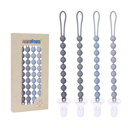 One Piece Design Silicone Pacifier Clip Holder,Pack of 4 Flexible Paci Leash,Binky Clips with Textures for Baby Boys and Girls,Newborn Essential (Gray)