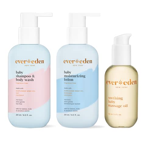 Evereden Baby Bathtime Basics Trio | Baby Shampoo and Body Wash, 8.5 fl oz & Fragrance Free Baby Moisturizing Lotion, 8.5 fl oz & Soothing Baby Massage Oil, 4 fl oz | 3 Item Bundle Set | Clean