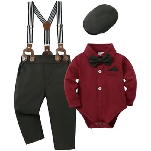 YALLET Baby Boy Clothes Set Infant Tuxedo Long Sleeve Gentleman Suit Outfits + Beret Hat + Suspender Pants + Bowtie 0-18M