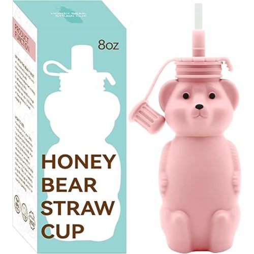 Honey Bear Straw Cup, Food Grade Silicone, Babies Water Drinking Cup, 8-Ounce Therapy Sippy Bottles for Speech and Feeding Training, BPA Free & Dishwasher Safe (PINK)