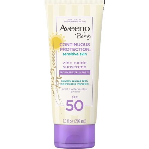 Aveeno Baby Continuous Protection Zinc Oxide Mineral Sunscreen Lotion for Sensitive Skin, Broad Spectrum SPF 50, Tear-Free, Sweat- & Water-Resistant, Paraben-Free, Non-Greasy, 7 fl. oz