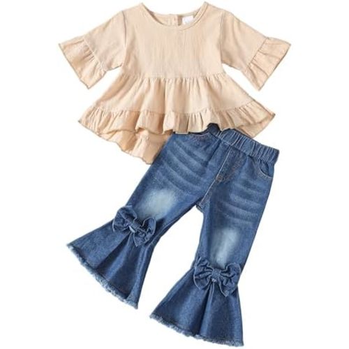 Kucnuzki Toddler Baby Girls Clothes Short Sleeve Shirt Top Flare Denim Jeans 2 Piece Outfits For Girls Cute Clothing Set