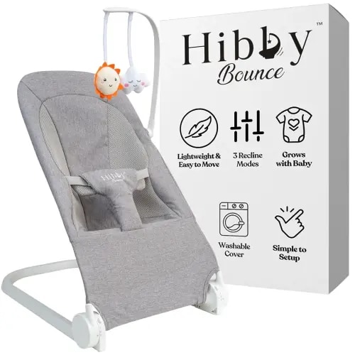 Hibby Bounce Baby Bouncer | Canadian Brand | 3-Position Adjustable Recline, Portable with Waterproof Carrying Bag, Newborn Insert & Safety Strap, Includes Toy Bar | Gray