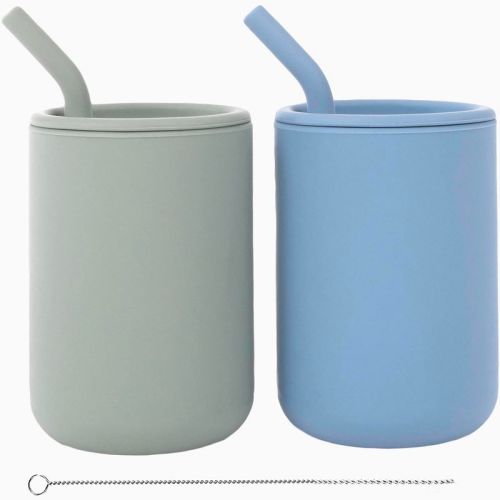 WeeSprout Silicone Baby Cups With Straws and Lids, 4 & 8 oz Options, Set of 2, Food Grade Toddler Training Container, Built In Straw Stoppers