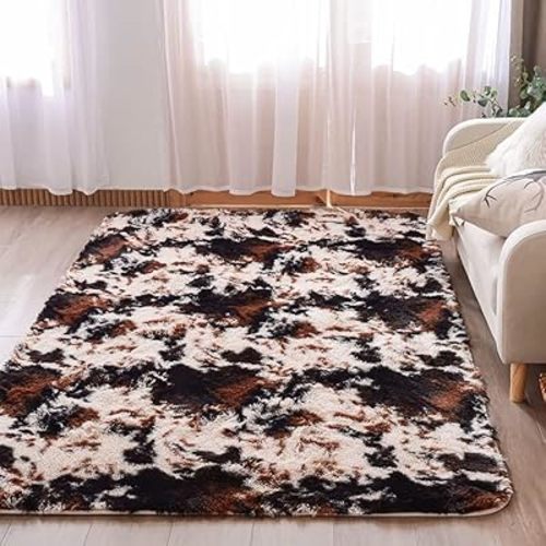 Meeting Story Cow Print Rug Faux Cowhide Rugs Cute Animal Print Carpet Fluffy Shaggy Tie Dye Fuzzy Area Rugs for Living Room Nursery Kids Floor Mat Thick Plush Non-Skid (Coffee-Black, 4 * 6 Feet)