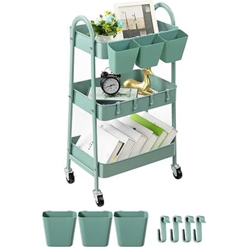 danpinera 3-Tier Rolling Cart, Metal Rolling Storage Cart with Lockable Wheels & Hanging Cups & Hooks, Mobile Trolley Cart for Kitchen, Bathroom, Office, Workshop, Green