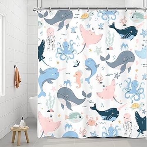 Riyidecor Kids Cartoon Animal Shower Curtain 60Wx72H Inch Underwater Sea Life Whale Octopus Jellyfish Starfish Cute Pink Blue Seaweed Turtle Bathroom Decor Fabric Polyester Waterproof 12 Pack Hooks