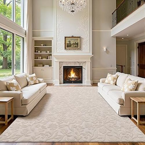Vaukki 8x10 Area Rug for Living Room, Soft Fluffy Washable Modern Floral Indoor Floor Mat, Non Slip Shaggy Boho Accent Throw Carpet for Bedroom, Living Room, Nursery and Dining Room, Beige