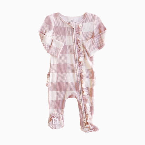 Caden Lane Bamboo Waffle Ruffle Zipper Footie - Big Check Rosy, 3-6 M