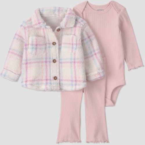 Carter's Just One You® Baby Girls' 3pc Striped Shacket, Long Sleeve Bodysuit and Flare Leggings Set - Pink/Ivory 3M