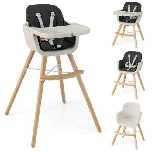 Babyjoy 3 in 1 Convertible Wooden High Chair Toddler Feeding Chair with Cushion Black