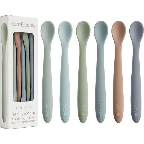 Comfy Cubs Silicone Baby Spoons Set 6-Pack, Ocean 6.46 x 0.95 in – BPA Free, Soft Gum-Safe Toddler Eating Essentials – Lightweight & Flexible Baby Spoons, Dishwasher Safe, Fun Utensils for Babies