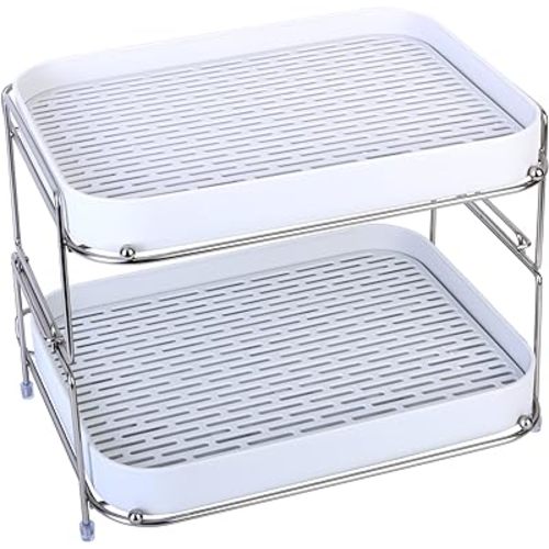 Zosenley 2-Tier Cups Mugs Drying Rack with Drain Tray, Kitchen Storage Organizer Shelf for Drinking Glass Bottle Bowls