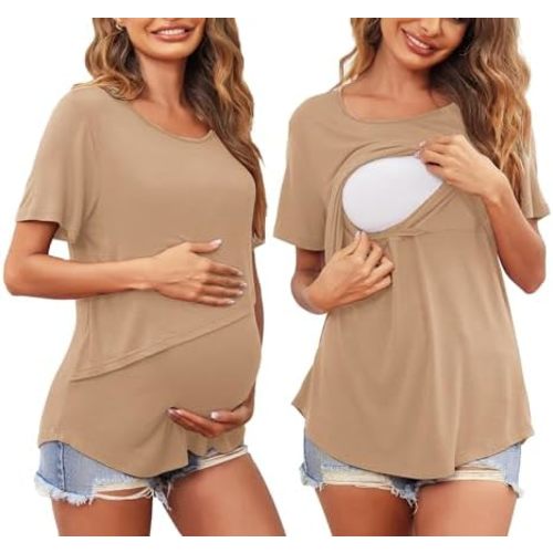 Ekouaer Women Short Sleeve Nursing Shirts Soft Maternity Tops Double Layer Breastfeeding Blouse Round Neck Pregnancy Clothes