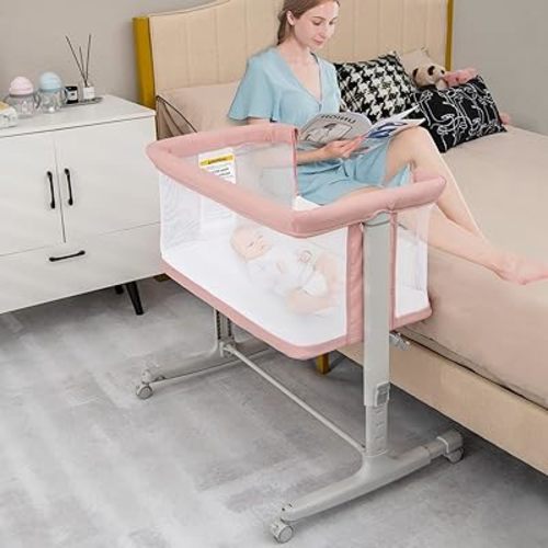 INFANS 3 in 1 Baby Bassinet, Bedside Sleeper for Newborn, Folding Crib with Mattress, Travel Bag, Wheels, 4-Sided Mesh, Easy to Assemble Cradle Co Sleeper Stationary, Rock (Pink)