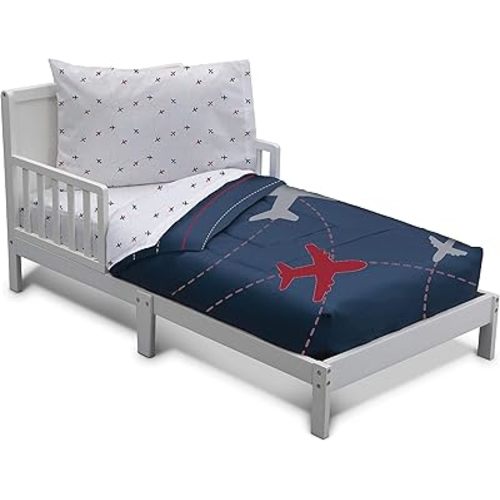 Delta Children 4 Piece Toddler Bedding Set for Boys - Reversible 2-in-1 Comforter - Includes Fitted Comforter to Keep Little Ones Snug, Bottom Sheet, Top Sheet, Pillow Case - Airplane Flight Plan