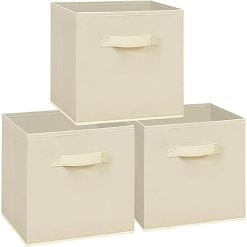 11x11 Storage Bins, Set of 3 Storage Cubes, Collapsible Cube Storage Box, Fabric Closet Organizers with Handles for Home, Office, Closet Shelf Cabinet, Bookcase, Beige