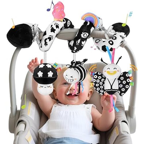Spiral Car Seat Toys for Babies, 0-6 Months Stroller Pram Activity Hanging Toys High Contrast Black and White Sensory Toy, Newborn Soft Plush Travel Toy for Boys Girls Essentials Gift