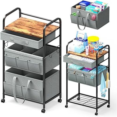 Baby Diaper Caddy Organizer Cart - 3 Tier Metal Rolling Utility Cart with Drawer & Removable Basket & Wheels - Bedside Diaper Cart for Baby Supplies Storage, Nursery, Bedroom, Bathroom